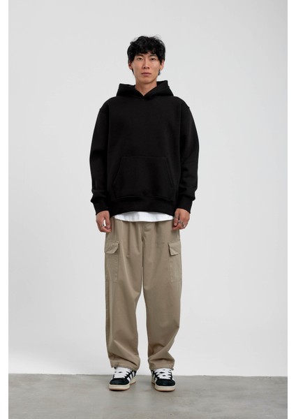 Siyah Kapüşonlu Basic Şardonlu Sweatshirt