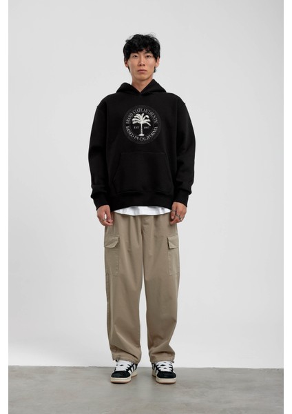 Siyah Yazılı Palmiye Baskılı Kapüşonlu Sweatshirt