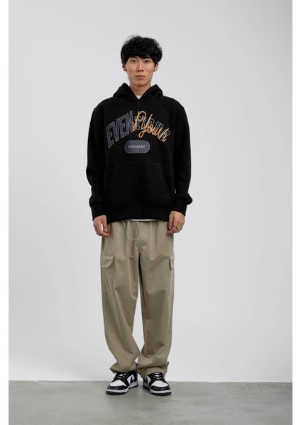 Siyah Eventious Yazılı Kapüşonlu Sweatshirt