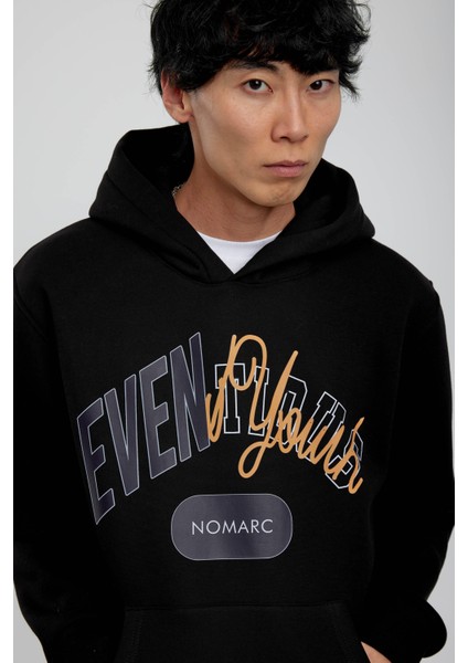 Siyah Eventious Yazılı Kapüşonlu Sweatshirt