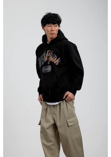 Siyah Eventious Yazılı Kapüşonlu Sweatshirt