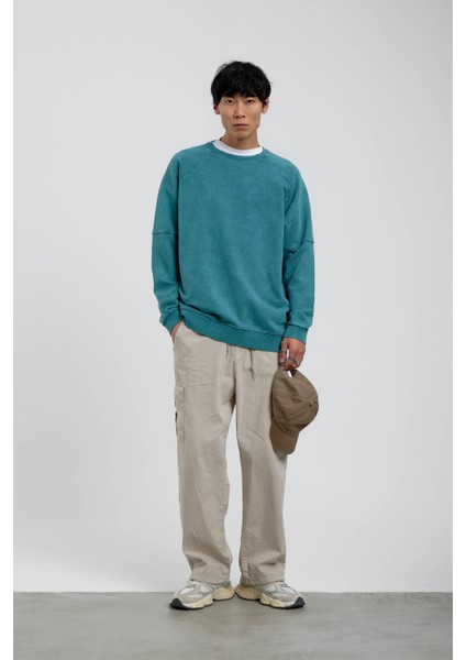 Yeşil Bisiklet Yaka Yıkamalı Sweatshirt