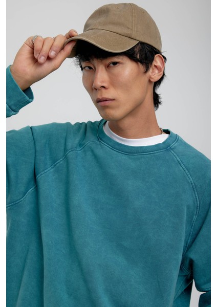 Yeşil Bisiklet Yaka Yıkamalı Sweatshirt