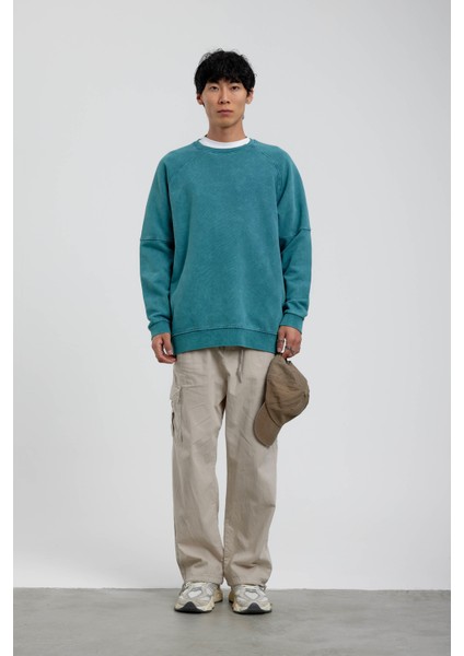 Yeşil Bisiklet Yaka Yıkamalı Sweatshirt modelleri