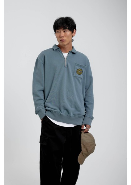 Mavi Cebi Brand Yazılı Yakası Fermuarlı Sweatshirt