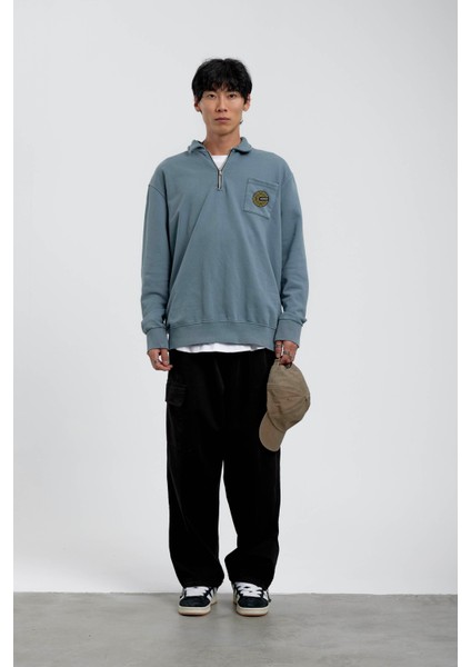 Mavi Cebi Brand Yazılı Yakası Fermuarlı Sweatshirt modelleri