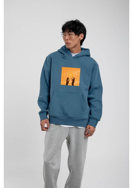 Mavi El Baskılı Kapüşonlu Sweatshirt
