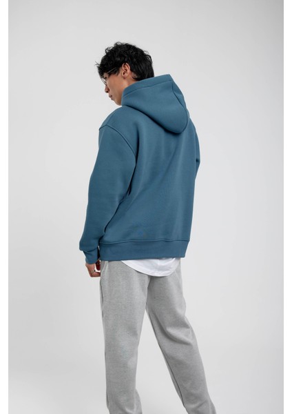 Mavi El Baskılı Kapüşonlu Sweatshirt
