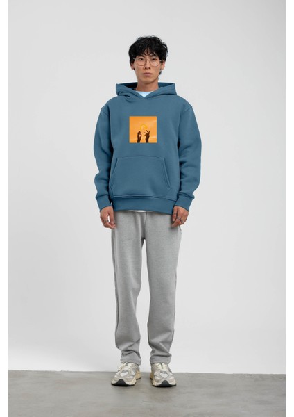 Mavi El Baskılı Kapüşonlu Sweatshirt