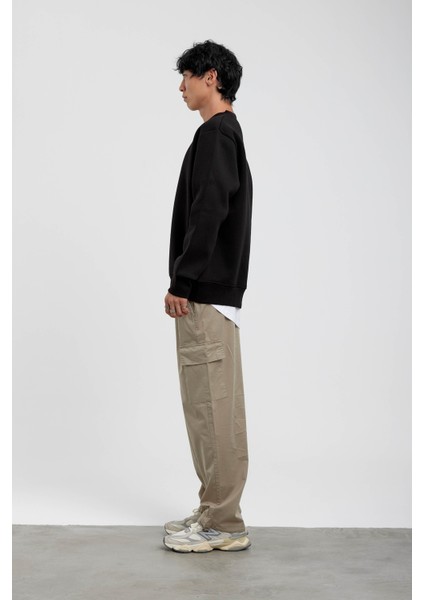 Siyah Bisiklet Yaka Basic Şardonlu Sweatshirt modelleri