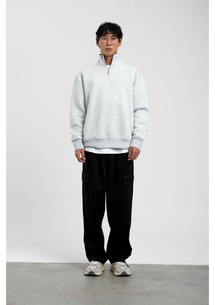 Gri Yakası Fermuarlı Basic Şardonlu Sweatshirt