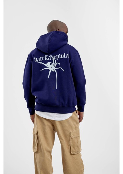 Lacivert Örümcek Baskılı Kapüşonlu Sweatshirt