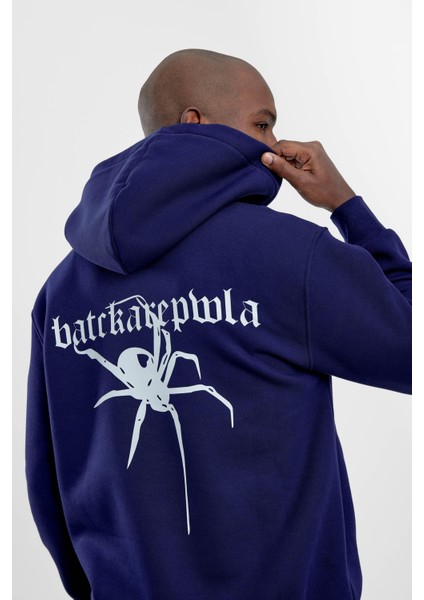 Lacivert Örümcek Baskılı Kapüşonlu Sweatshirt modelleri