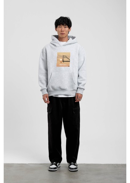 Gri Pota Baskılı Kapüşonlu Sweatshirt