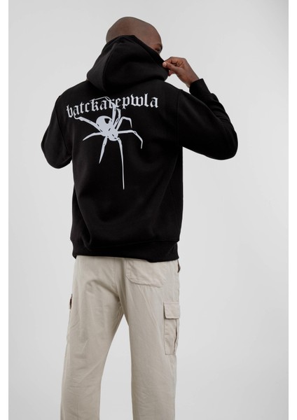 Siyah Örümcek Baskılı Kapüşonlu Sweatshirt