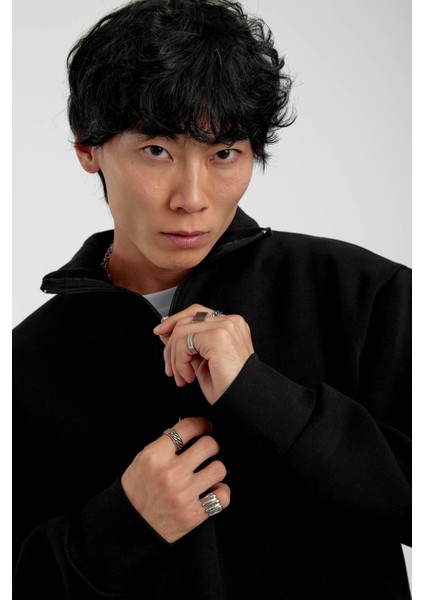 Siyah Yakası Fermuarlı Basic Şardonlu Sweatshirt modelleri