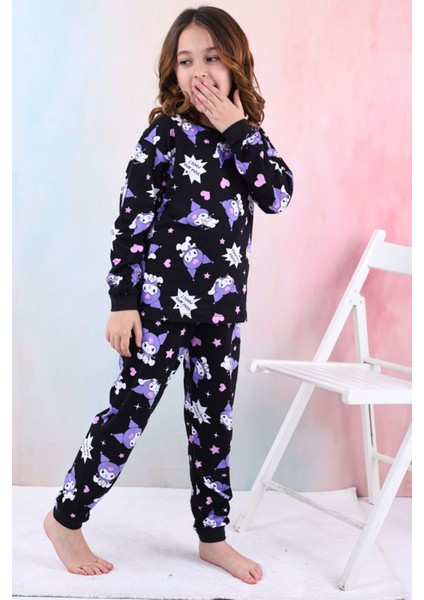 Isob Siyah Kuromi Desenli %100 Pamuk Kız Çocuk Pijama Takımı 3-13 Yaş 41204-41403-S