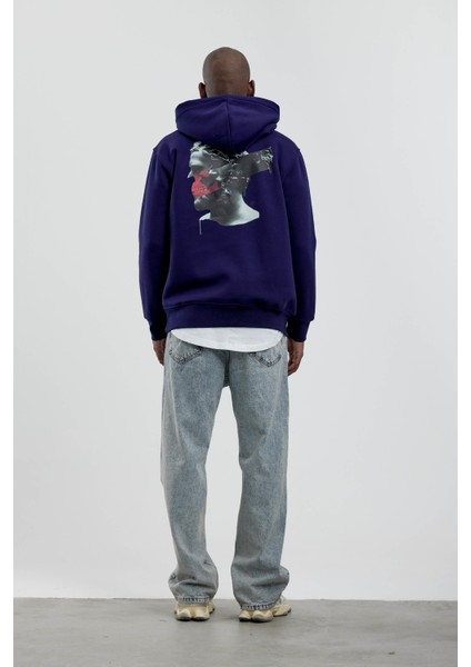 Lacivert Figür Baskılı Kapüşonlu Sweatshirt