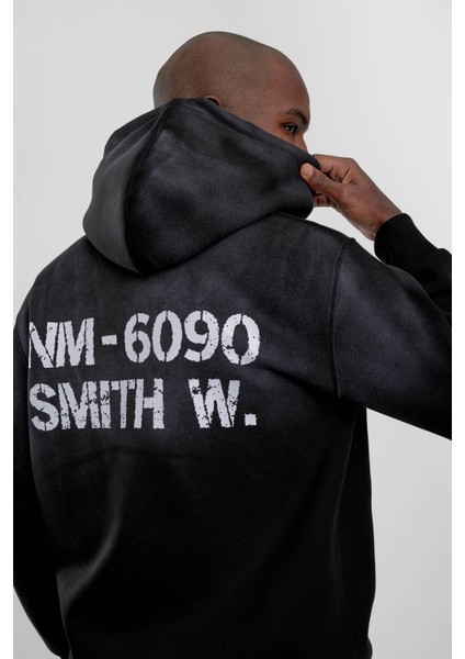 Siyah NM-6090 Baskılı Kapüşonlu Sweatshirt