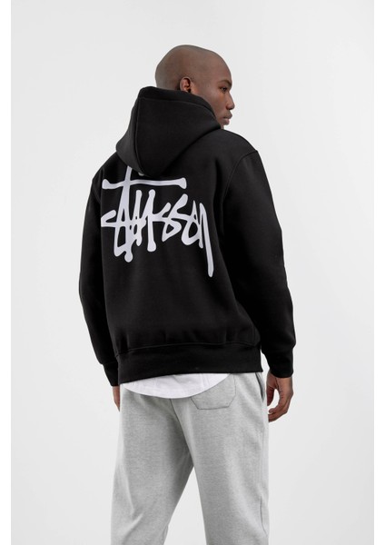 Siyah Grafiti Baskılı Kapüşonlu Sweatshirt