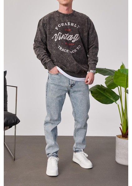 Vintage Yazılı Füme Yıkamalı Sweatshirt