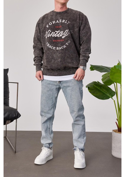 Vintage Yazılı Füme Yıkamalı Sweatshirt modelleri