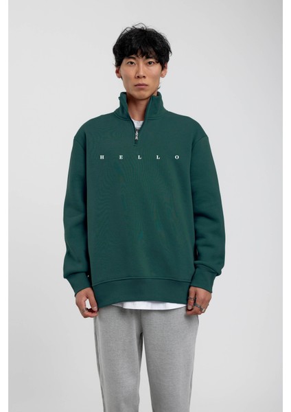 Yeşil Hello Yazılı Yarım Fermuarlı Sweatshirt fiyatları