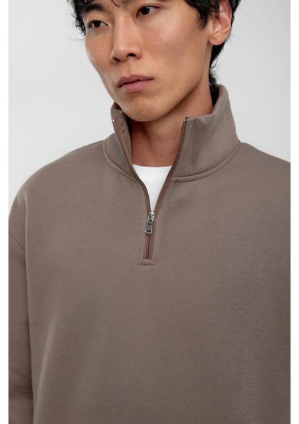 Vizon Yakası Fermuarlı Basic Şardonlu Sweatshirt