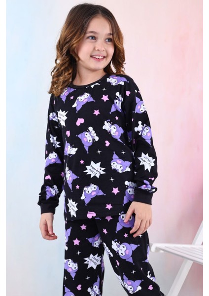 Isob Siyah Kuromi Desenli %100 Pamuk Kız Çocuk Pijama Takımı 3-13 Yaş 41204-41403-S