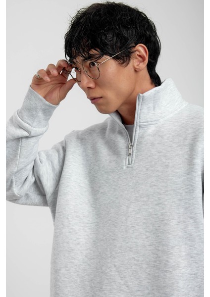 Gri Yakası Fermuarlı Basic Şardonlu Sweatshirt