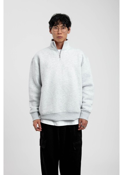Gri Yakası Fermuarlı Basic Şardonlu Sweatshirt