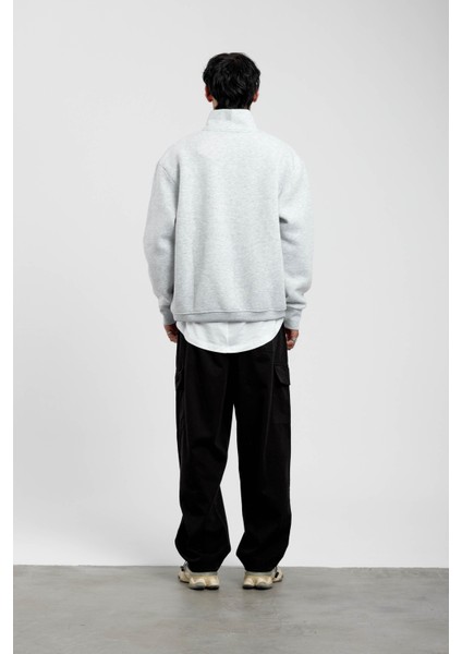 Gri Yakası Fermuarlı Basic Şardonlu Sweatshirt