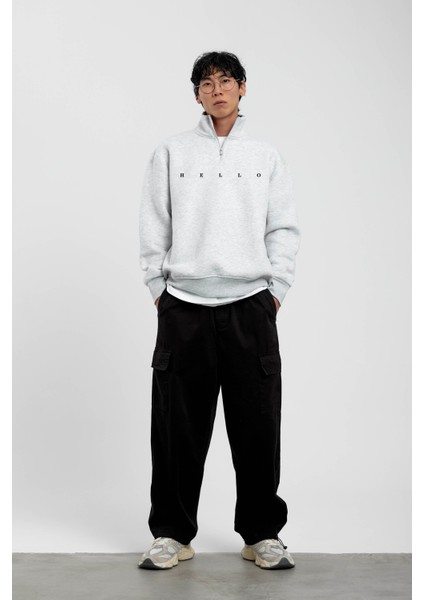 Gri Hello Yazılı Yarım Fermuarlı Sweatshirt