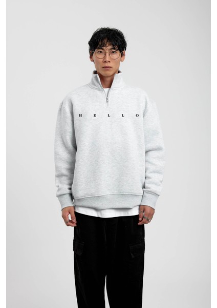 Gri Hello Yazılı Yarım Fermuarlı Sweatshirt fiyatları