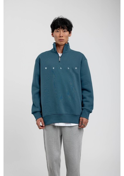 Mavi Hello Yazılı Yarım Fermuarlı Sweatshirt fiyatları