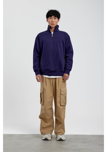 Lacivert Yakası Fermuarlı Basic Şardonlu Sweatshirt