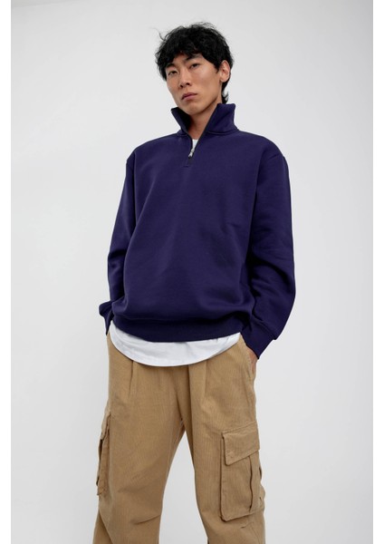 Lacivert Yakası Fermuarlı Basic Şardonlu Sweatshirt fiyatları