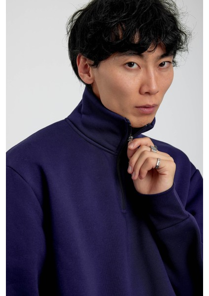 Lacivert Yakası Fermuarlı Basic Şardonlu Sweatshirt modelleri