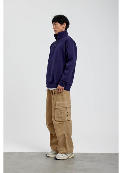 Lacivert Yakası Fermuarlı Basic Şardonlu Sweatshirt fırsatları