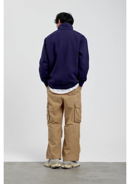 Lacivert Yakası Fermuarlı Basic Şardonlu Sweatshirt indirimleri