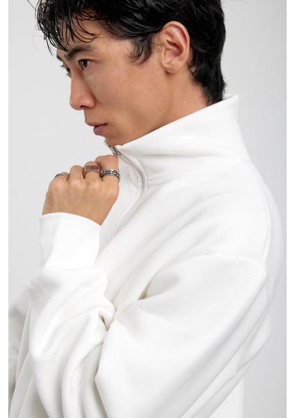 Beyaz Yakası Fermuarlı Basic Şardonlu Sweatshirt fiyatları