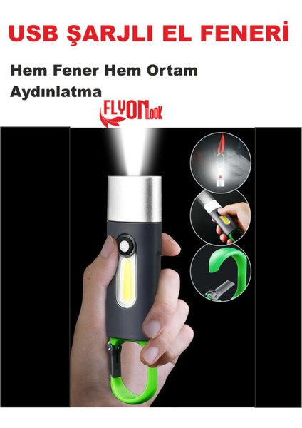 USB Şarjlı El Feneri Hem Fener Hem Ortam Aydınlatma Kancalı Flaşör Kamp , Cep , Kamp Çantası ,lamba