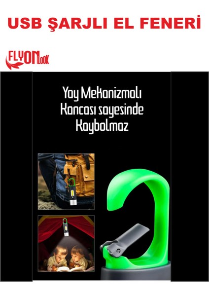 USB Şarjlı El Feneri Hem Fener Hem Ortam Aydınlatma Kancalı Flaşör Kamp , Cep , Kamp Çantası ,lamba