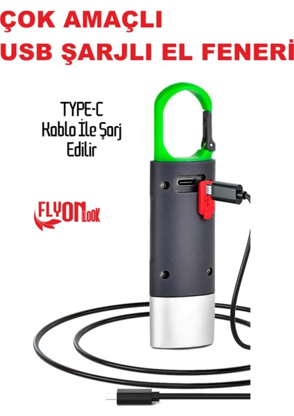 USB Şarjlı El Feneri Hem Fener Hem Ortam Aydınlatma Kancalı Flaşör Kamp , Cep , Kamp Çantası ,lamba