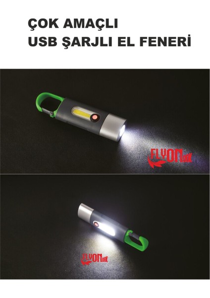 USB Şarjlı El Feneri Hem Fener Hem Ortam Aydınlatma Kancalı Flaşör Kamp , Cep , Kamp Çantası ,lamba