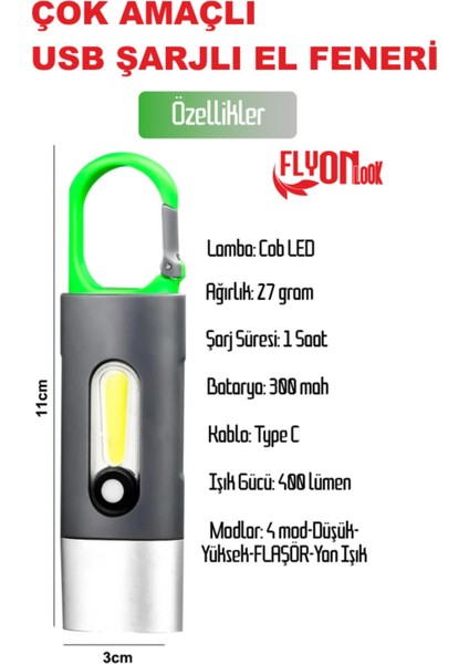 USB Şarjlı El Feneri Hem Fener Hem Ortam Aydınlatma Kancalı Flaşör Kamp , Cep , Kamp Çantası ,lamba