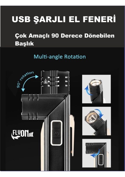Şarjlı Çok Amaçlı Hem El Feneri Hem Kafa Lambası 360 Derece Dönebilen Başlık Kamp Lambası Flaşör