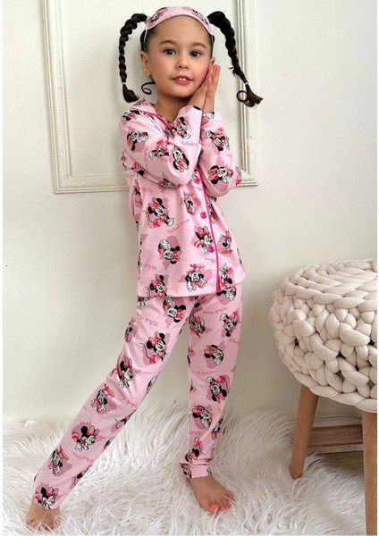 Pjkö Minnie Mause Desen Pembe Uzun Kollu Önden Düğmeli Kız Çocuk Pijama Takımı 4-12 Yaş 538U-P