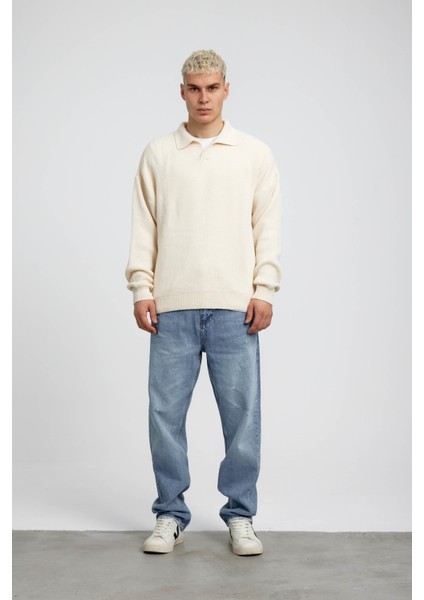 Krem Yakalı Basic Triko