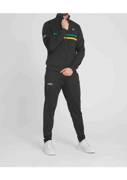 Grafics Siyah Slim Fit Dar Kalıp Erkek Eşofman